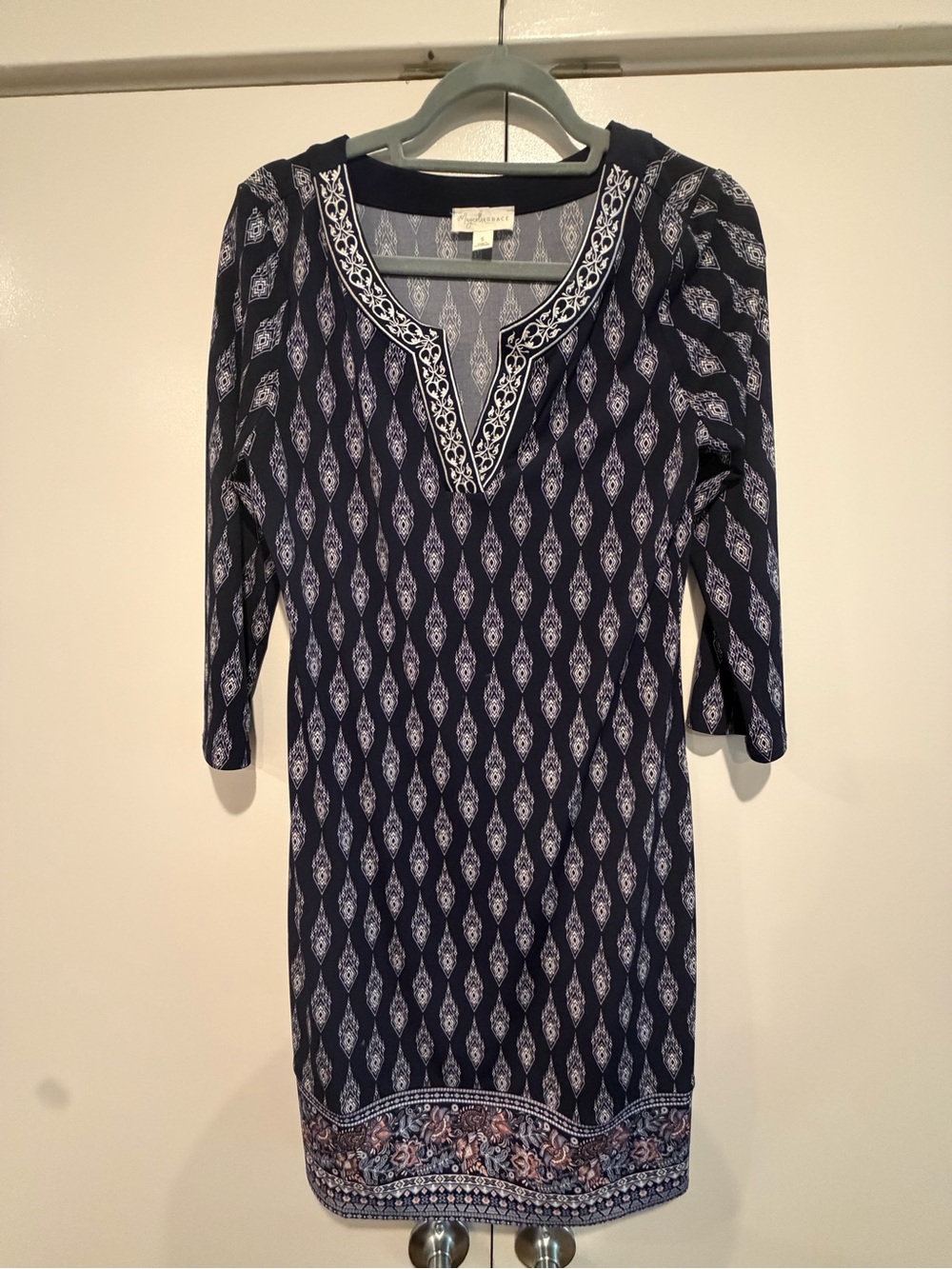 Magnolia Grace Navy Boho Print Embroidered Shift Dress Size S - Picture 4 of 6